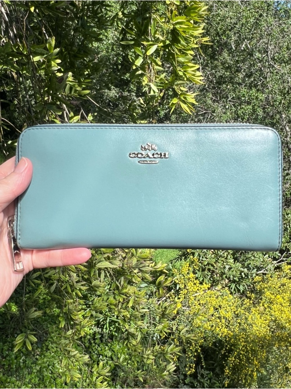 COACH Long Zip-Around Wallet Smooth Calf Leather Light Blue with Silver Hardware